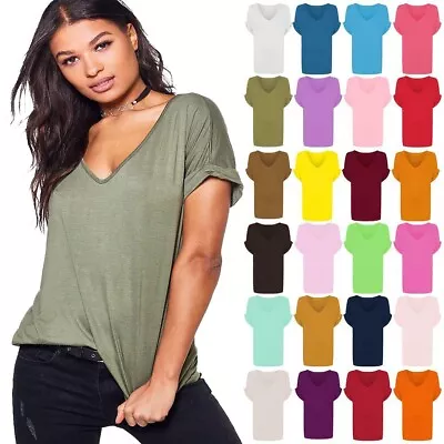 Women Oversized Baggy Top Ladies Loose Fit Turn Up Batwing Sleeve V Neck T Shirt • £6.99