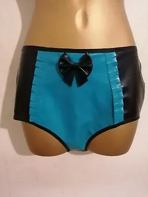 Black Blue Frill Ruffle Latex Rubber High Waist Briefs Pants Shorts UK 6 8 10 • £288.88