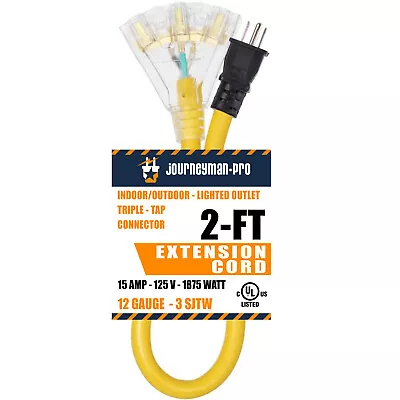 Lighted Outdoor Extension Cord 2ft Triple-Tap 3 Way Splitter 15 AMP 12 AWG Gauge • $13.97