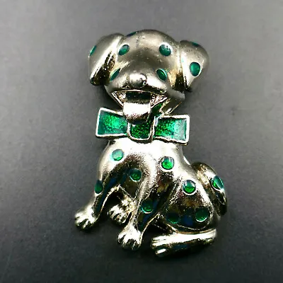 Dalmation Spotted Dog Pin Brooch 1.5  Silver Figural Green Enamel Bow Vintage • $19.99