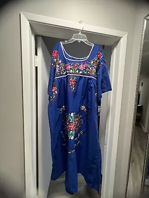 Royal Blue Peasant Embroided Mexican Dress • $16.99
