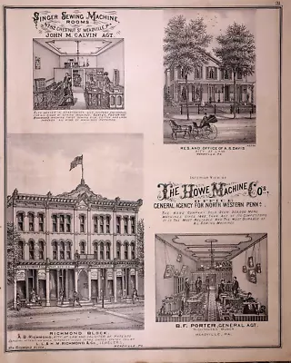 1876 Print MEADVILLE PA RICHMOND BLOCK HOWE & SINGER SEWING MACH. STORES #655 • $28