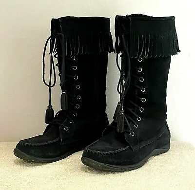 L.L. Bean Boots 6 Black Suede Side Zip Lace Up Front Fringe Trim Moccasin Tall • $59