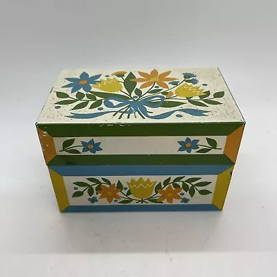 Vintage 1960s Syndicate Tin Metal Recipe File Box Floral Yellow Blue Green  • $10.50