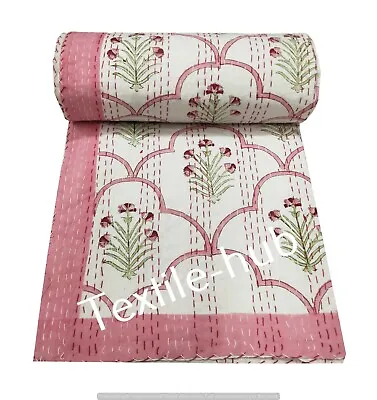 £33.59 • Buy Hand Block Printed Kantha Quilt Indian King Size Bedspread Bedding Cotton Throw
