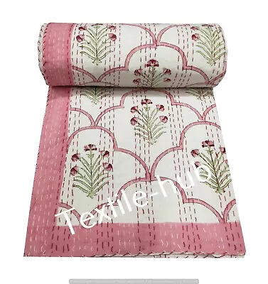 Hand Block Printed Kantha Quilt Indian King Size Bedspread Bedding Cotton Throw • £87