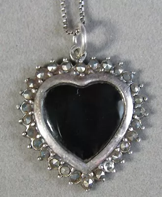 Vintage Sterling Silver 16  Onyx Marcasite Heart Necklace 5.3g #J4726 • $27.99
