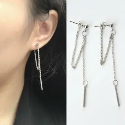 £3.07 • Buy Double Tassel Sliver Chain Bar Dangle Drop Earring Kpop Korean Fashion Jewelry