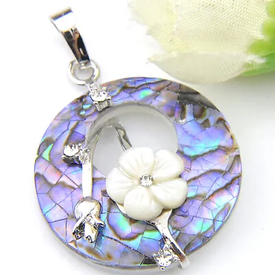 Rainbow Handmade Abalone Shell Flower Carved Shell Gems Silver Necklace Pendant • £8.23