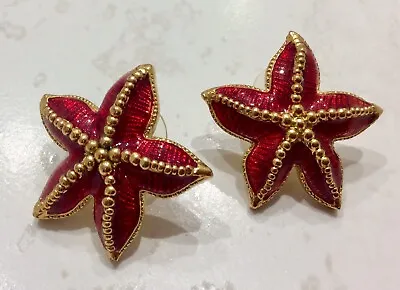 Cabouchon Red Enamelled Starfish Earrings For Pierced Ears • £12