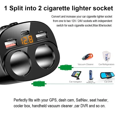 $20.89 • Buy Multi Power Outlet 80W W/LED Voltmeter Switch Dual USB Port Car Charger Splitter