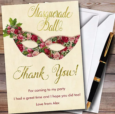 Red Roses Gold Masquerade Ball Personalised Party Thank You Cards • £9.99