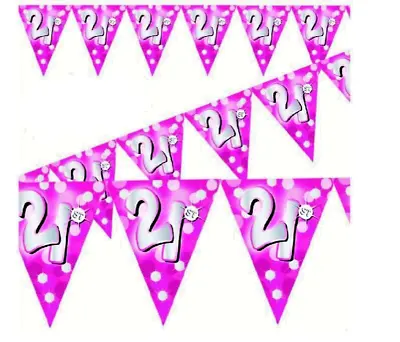 Happy 21st Birthday Holographic Triangular Party Foil Banner Bunting - 21 Pink • £2.99