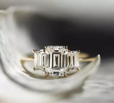 3 Ct White Emerald Cut Three Stone Moissanite Engagement Ring In 14K Yellow Gold • $457