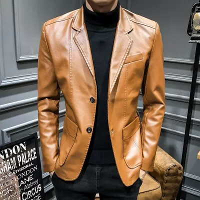 Men's Leather Jacket Slim Fit Two Button Blazer Business Lapel Coat Casual Party • $24.13