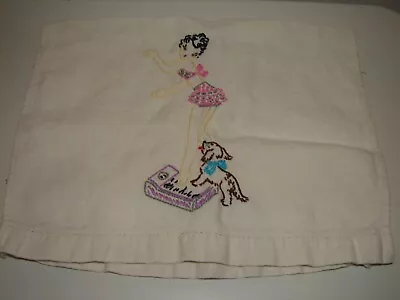 Vintage Mid Century Linen Hand Embroidered Tea Towel Funny Woman And Puppy 11x17 • $17