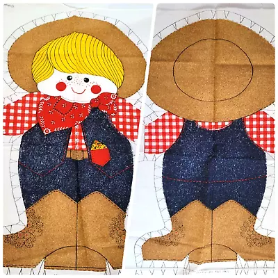 Vintage Little Boy Cowboy Pillow Fabric Panel Uncut Red Bandana 16x20 Hat Boots • £19.27