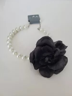 New Miss Selfridge Luxury Faux White Pearl Black Flower Corsage Choker Necklace • £29.99