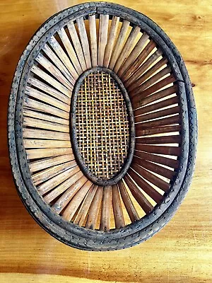 VTG 12” Wood Basket Bamboo MCM Folk Art Fruit Bowl Farmhouse Boho Wicker Etched • $25