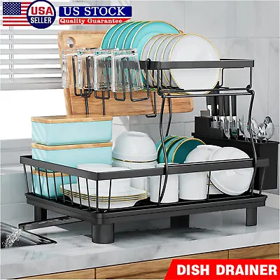 2-Tier Metal Drying Dish Rack And Drain Board Set Utensil Holder Kitchen Counter • $26.99