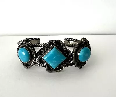 Vintage Native American Sterling Silver Turquoise Cuff Bracelet  RB Running Bear • $149