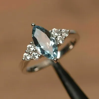 2Ct Marquise Lab Created Aquamarine Diamond Trending Ring 14k White Gold Plated • $76.47