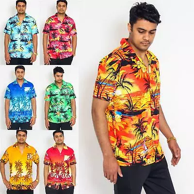 Mens Hawaiian Short Sleeve Beach Hula Top Palm Holiday Loud Fancy Dress Shirt • £9.99