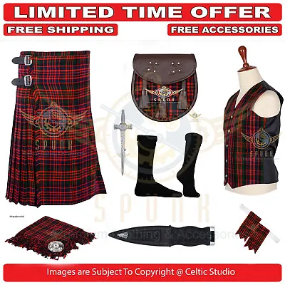 Scottish Men's Traditional 13Oz MacDonald Tartan 8 Yard Kilt With Accessories • $135