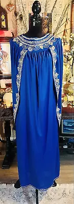 Vintage Grecian Bohemian Goddess Royal Blue Spirited 70's Cape Summer Gown Dress • $24.70