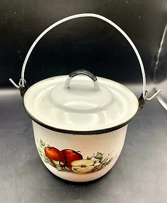 Vintage Enamelware Pot Lid Handle White Black Trim Printed Apples Kitchen Small • $15