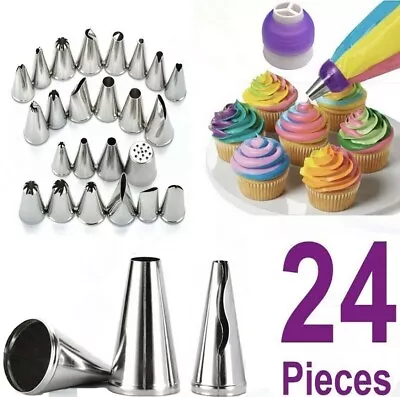 24Pcs Large Cake Pastry Baking Decor Russian Icing Pipping Nozzles Tip Tool Set • £3.65