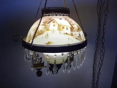 Vintage Hand Painted Parlor Lamp W/ Crystals-Cabin Woods • $125