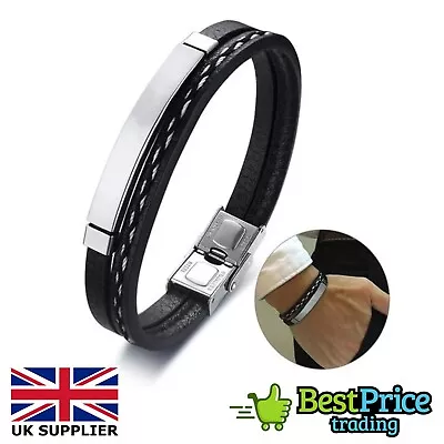 Mens Stylish Leather Multi Layer Weave Bracelet Wristband Bangle Gift • £1.99