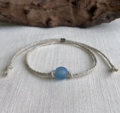 Organic Natural Hemp Anklet Light Blue Recycled Glass Bead Adjustable Sea Glass • $11