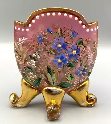 Rare Moser Glass Pillow Vase Bohemian Enameled Footed Cranberry Pink Gilt Gold • $215