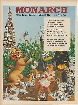 1948 Monarch Canned Food Anthropomorphic Lion Rabbits Cauldron Vtg Print Ad L13 • $12.39