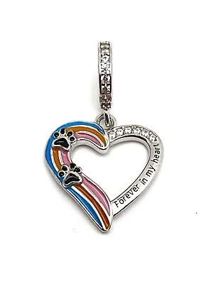 Pawprints Rainbow Memorial Heart Charm Cat Dog 💜 Genuine 925 Sterling Silver • £16.89