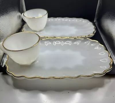 Fire King Anchor Hocking Gold Trim Milk Glass Snack Plate And Cup Set. • $22