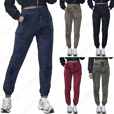 New Womens Ladies Plain Velvet Joggers Casual Pants Loungewear Look Trousers • £8.99