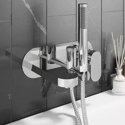 Wall Mounted Bath Mixer Tap With Shower Head & Hose Chrome Coated Brassware • £101.20