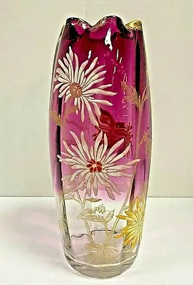 Antique Legras Enameled Mt Joye St. Denis Chrysanthemum Decor Rubina Glass Vase • $695