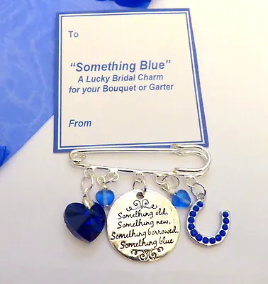 £6.70 • Buy Something Blue Traditional Lucky Bridal Gift Pin-on Charm Horseshoe & Hearts 