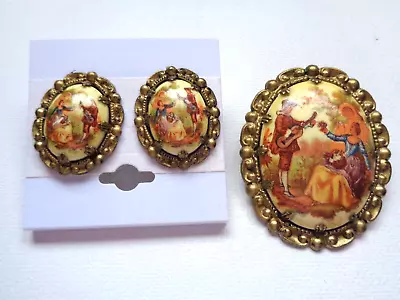 Vintage West Germany Gold Tone Filigree Courting Scene Cameo Brooch Earring Set • $24
