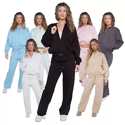 Womens 2PCS Loungewear Set Ladies Zip Top Bomber Suit Wide Pants Wear Tracksuits • £19.99