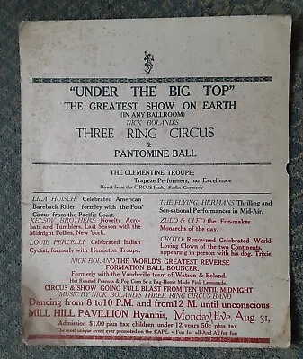 Circa 1920's Antique Cape Cod Hyannis 3 Ring Circus Mill Hill Pavilion Broadside • $100
