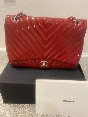 Chanel Red Patent Chevron Single Flap Classic Jumbo Bag Silver Hardware • $2928.95