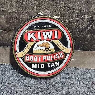 Vintage Kiwi Mid Tan Boot Polish Wax Shoe Polish Advertising Tin Can 3/4 Full • $12.99