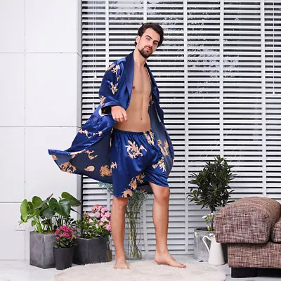 2x Men Kimono Bathrobe Silk Satin Pajama Set Sleepwear Night Gown + Shorts Sleep • $28.28