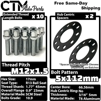 2x 5mm Thick 5x112 66.56mm CB Wheel Spacer 12x1.5 Chrome Bolt Fit Mercedes Wheel • $41.39