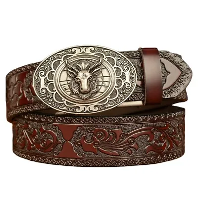 Leather Goat Retro Automatic Cowhide Casual Cowboy Personality Buckle Men's Belt • £27.69